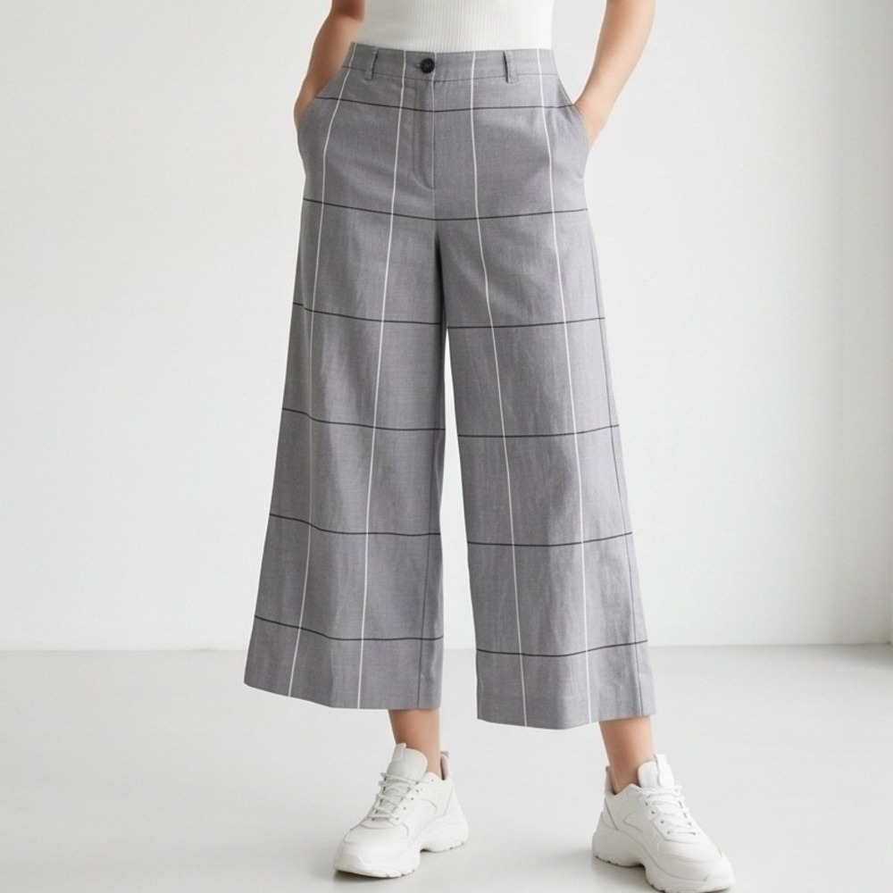 J. Jill 18 Gray Windowpane Plaid Wide Leg Crop Pants Pockets NWOT